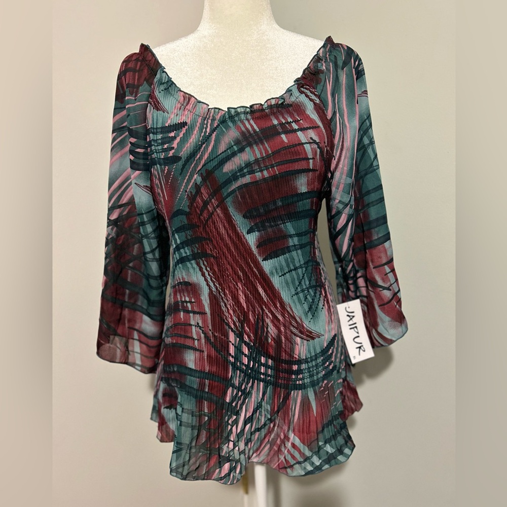 Jaipur Woman’s Blouse Stretchy Crinkle Pleated 3/4 Sleeve Print,Size X Large.